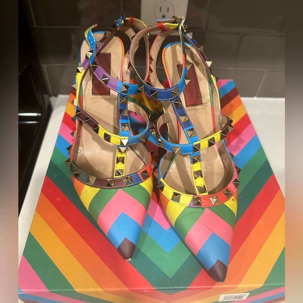 Valentino Garavani 1973 Rainbow Chevron Collection Rockstud T-Strap Heels
